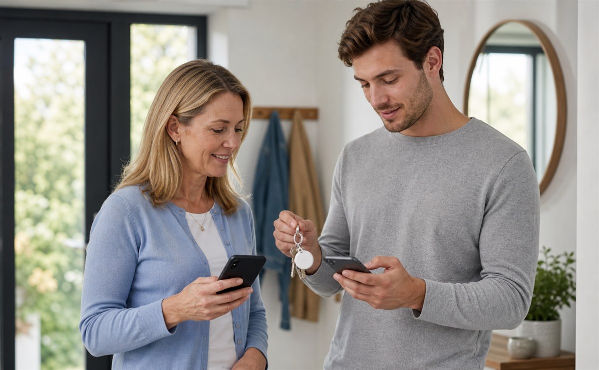Two family members sharing access to a tracker attached to keys