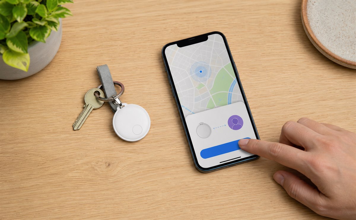Smartphone beside keys and a round tracker during sharing setup