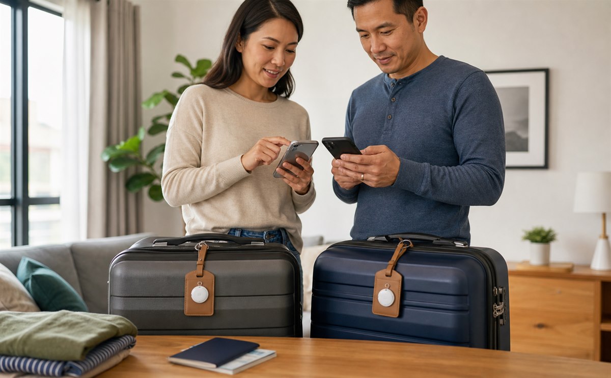 Two travelers managing shared tracker access for their luggage