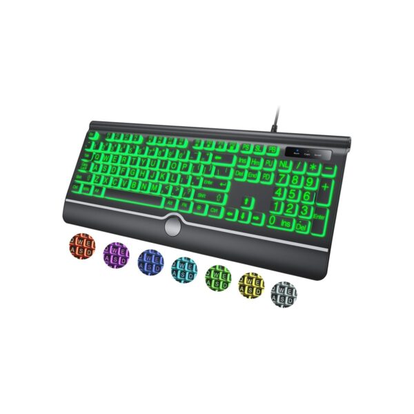 Large Print Backlit Computer Keyboard, 7-Color Backlit Keyboard with Wrist Rest