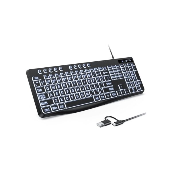 OMOTON Large Print Backlit Keyboard with Dual USB C and USB A Interface