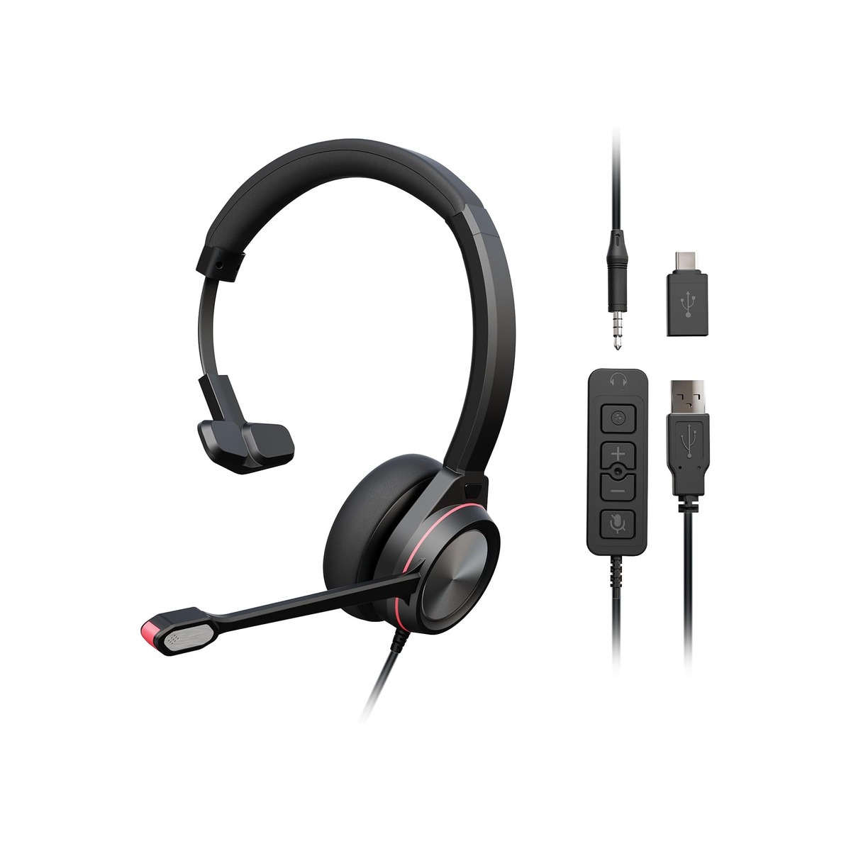 USB Headset with Microphone for PC, Mono Wired Computer Headset with 3.5mm & USB-1 USB Headset with Microphone for PC, Mono Wired Computer Headset with 3.5mm & USB - Image 1