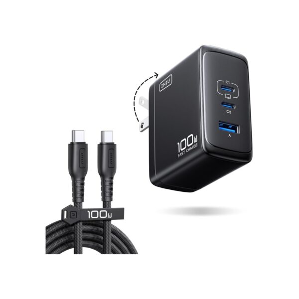 INIU 100W USB C Charger, 3-Port GaN Fast Charging Block with 5ft USBC Cable