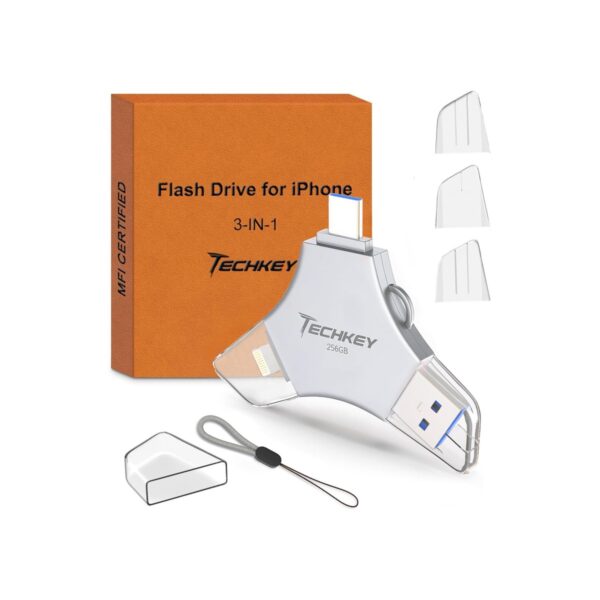 USB Flash Drive for iPhone/iPad, MFi Certified 3in1, 256GB, Silver