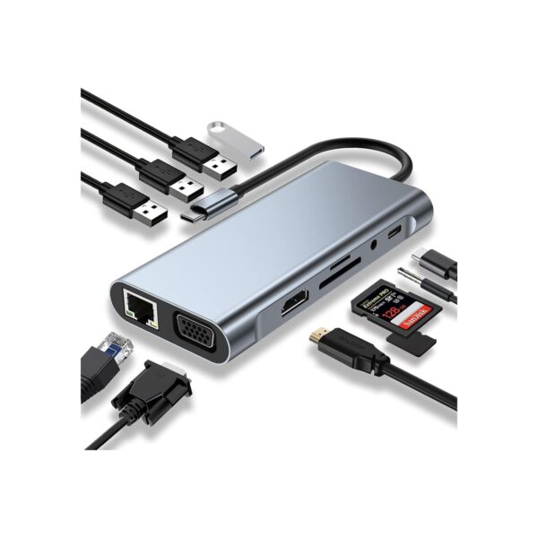 USB C HUB, USB C Adapter 11 in 1 Dongle with 4K HDMI, VGA, Type C PD, USB3.0