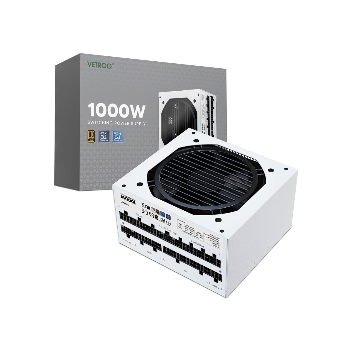 Vetroo 1000W White Power Supply, ATX 3.1 Ready & Dual PCIe 5.1-1 Vetroo 1000W White Power Supply, ATX 3.1 Ready & Dual PCIe 5.1 - Image 1
