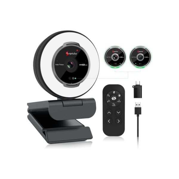 Angetube Streaming Webcam with Microphone, USB 1080P Web Cam w/Ring Light