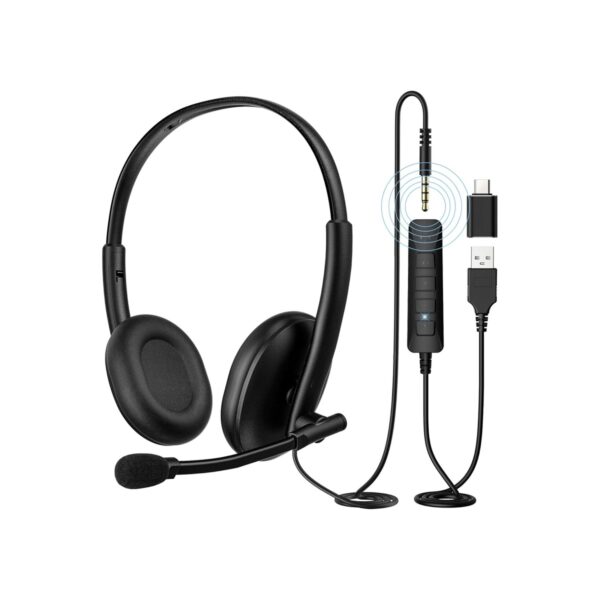 USB Headset with Noise-Canceling Microphone, USB-C/USB-A/3.5mm for PC Mac