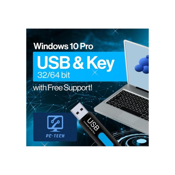 PC-TECH Compatible with Windows 10 Professional 64 Bit USB With Key. Factory