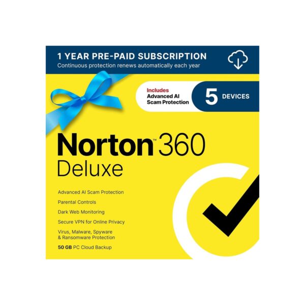 Norton 360 Deluxe, Antivirus software for 5 Devices with Auto-Renewal – Includes