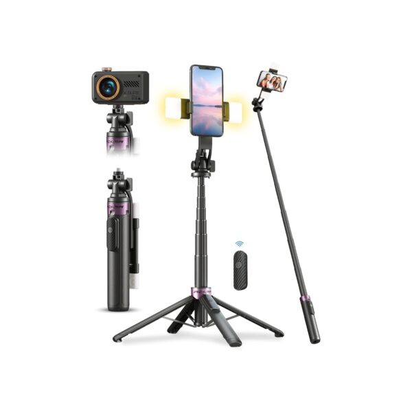 53'' Selfie Stick Tripod with Light, Enhanced 4-Leg Cell Phone Stand Camera
