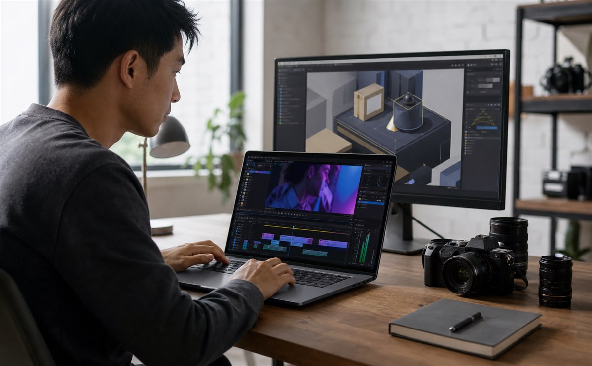 Creative professional editing video and 3D graphics on a laptop