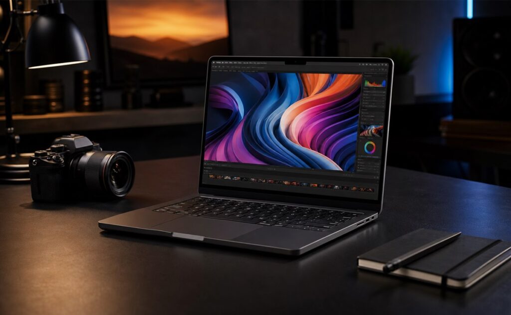 Dark aluminum professional laptop in a creative studio