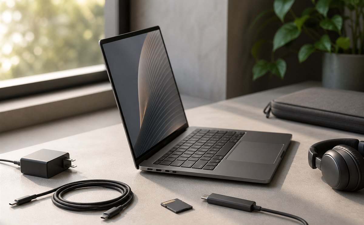 Professional laptop with cables, memory card, headphones, and charger