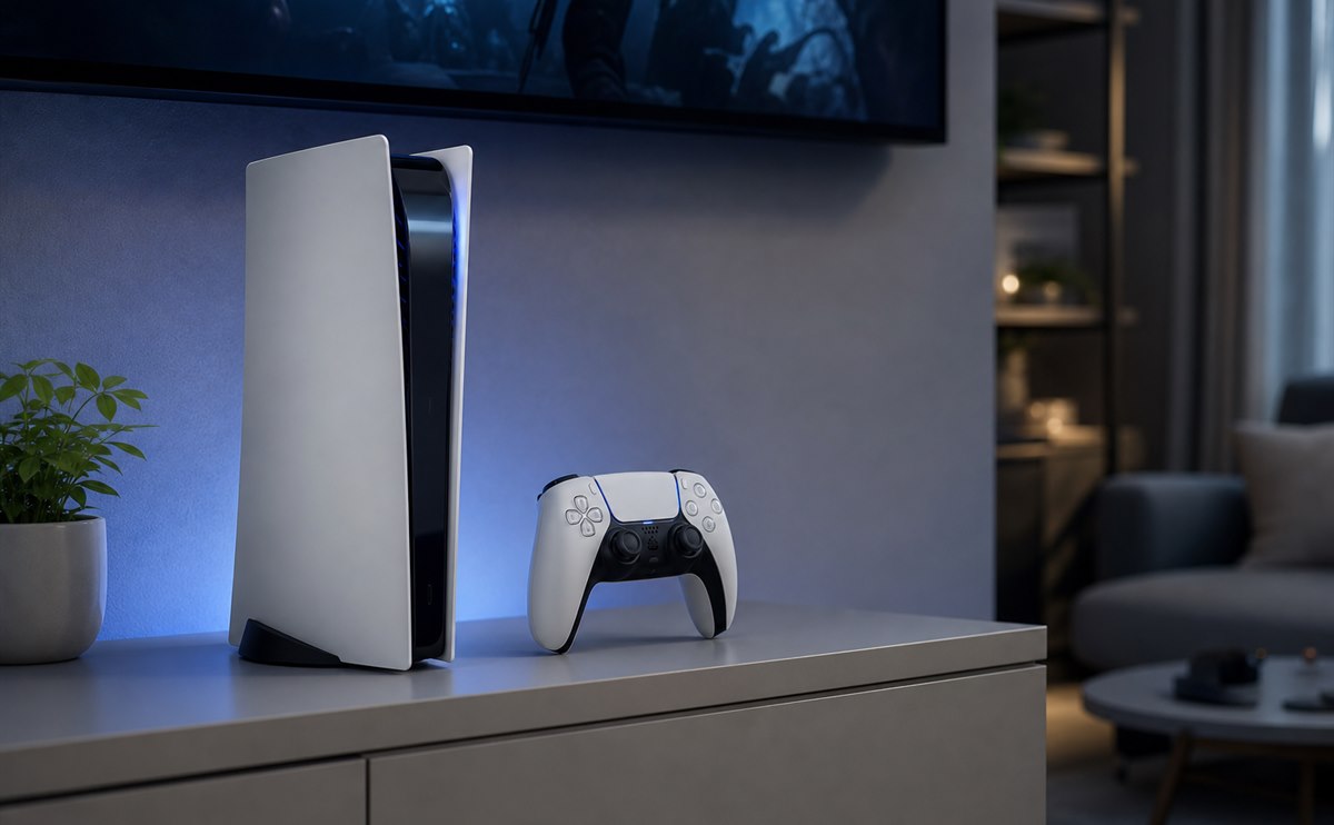 Compact white and black game console with wireless controller