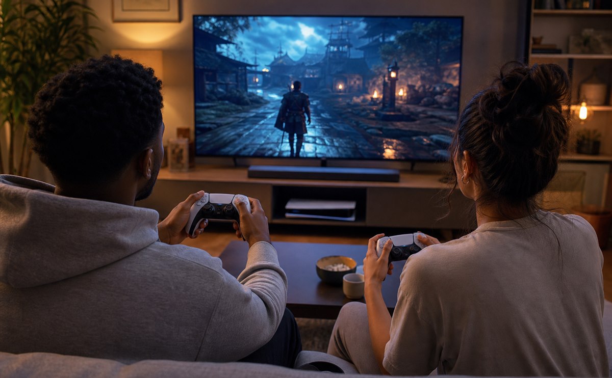 Two friends playing a console game together in a living room