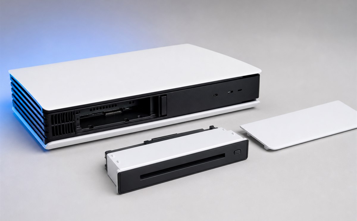 Slim game console beside a detachable optical disc drive and cover