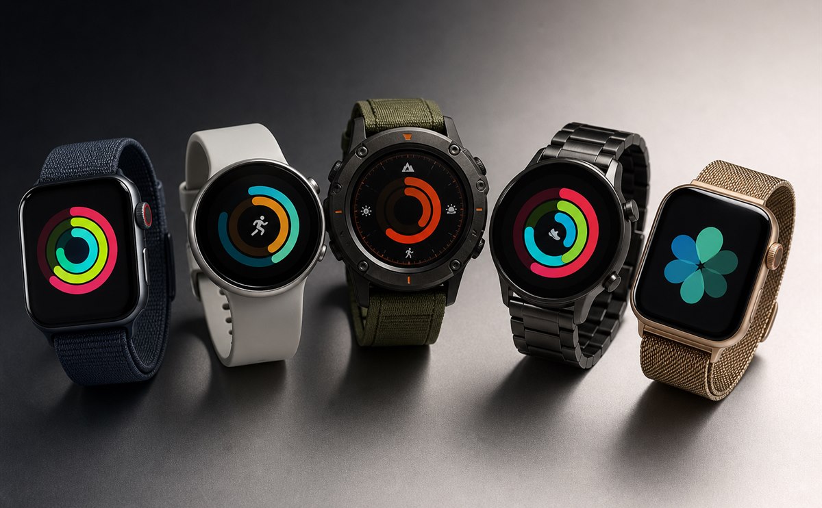Five modern smartwatches with varied cases, displays, and bands