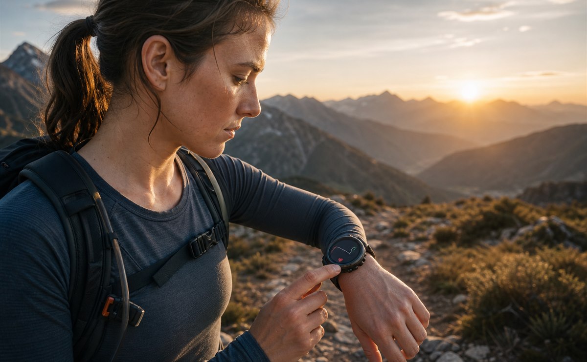 Trail runner checking a rugged smartwatch at sunrise