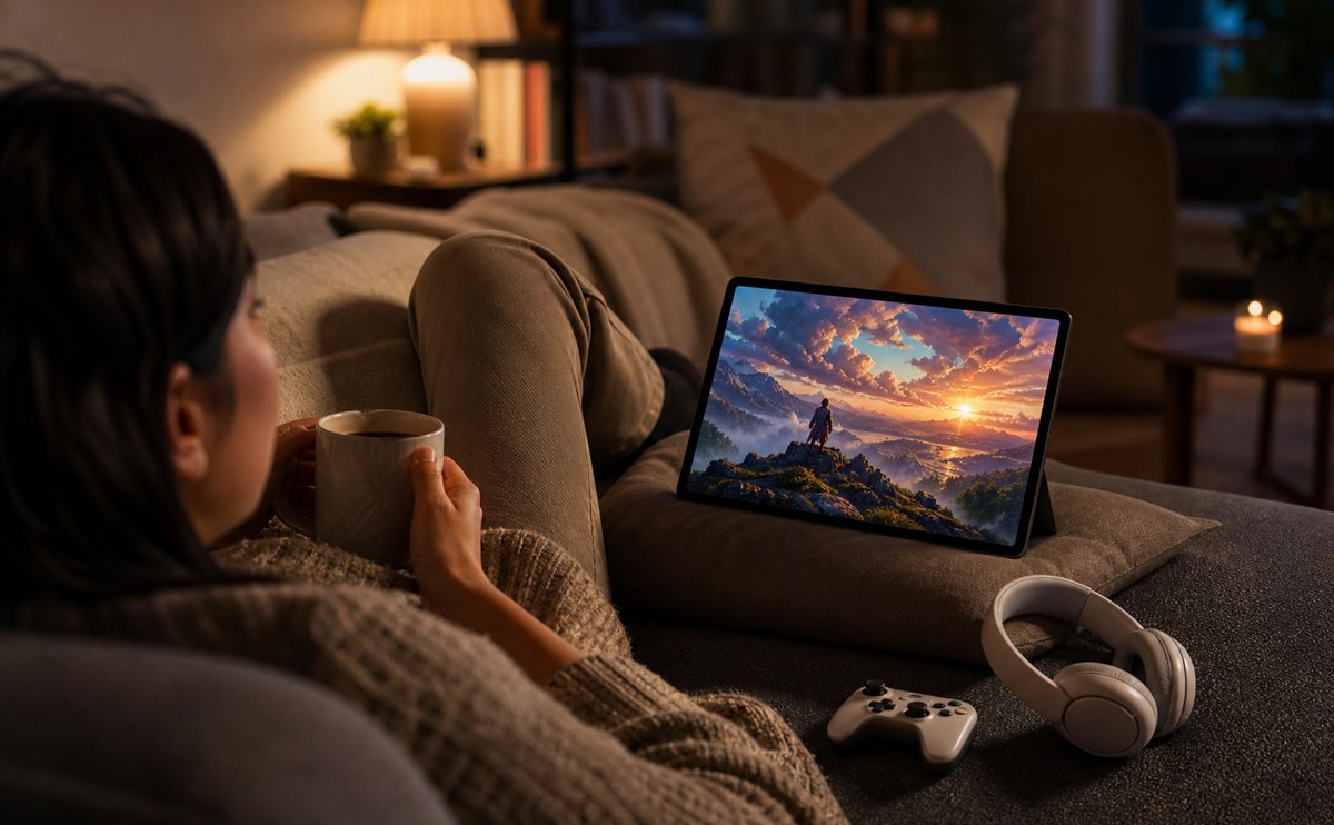 Person relaxing with a tablet, headphones, and game controller