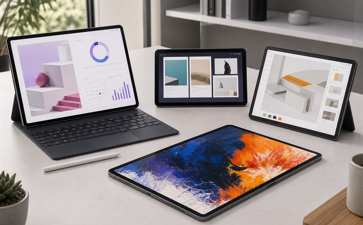 Four modern tablets arranged for productivity, drawing, and media