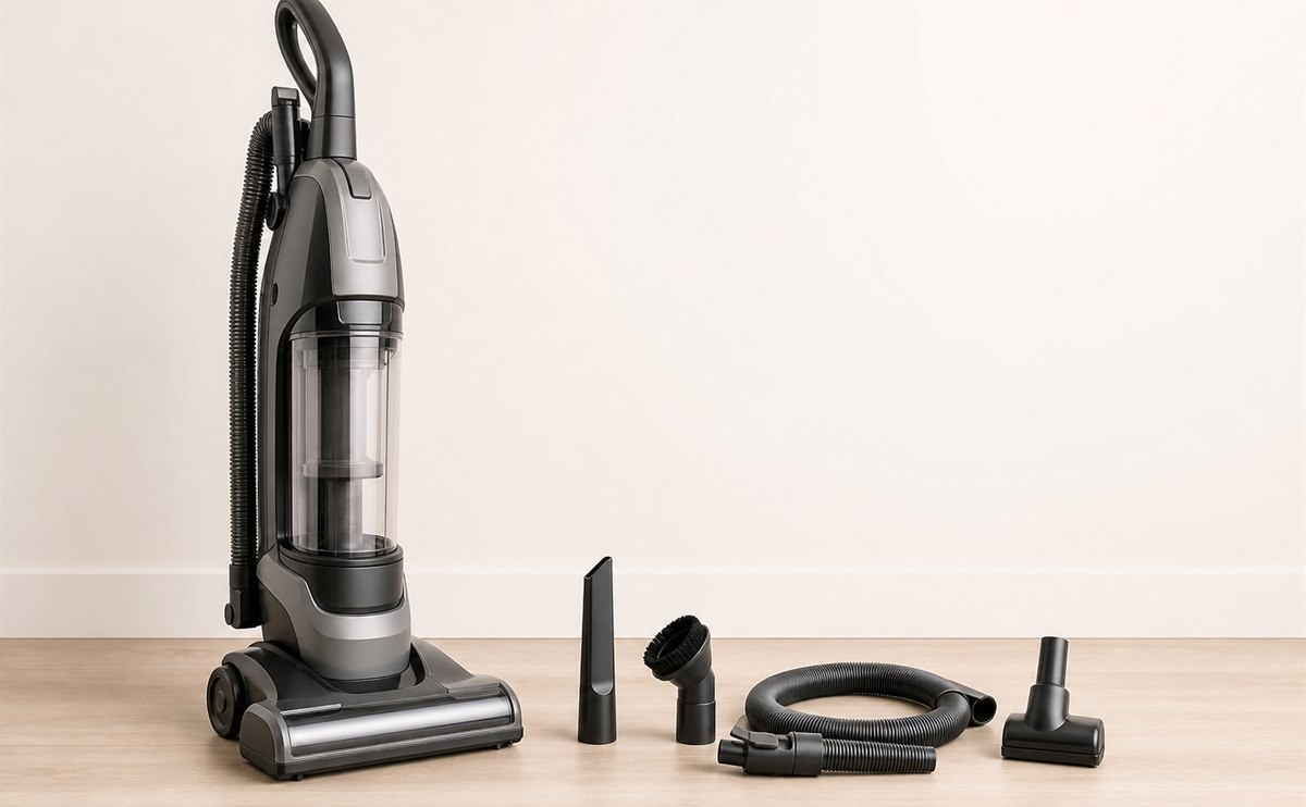 Upright vacuum beside hose, crevice, brush, and upholstery tools