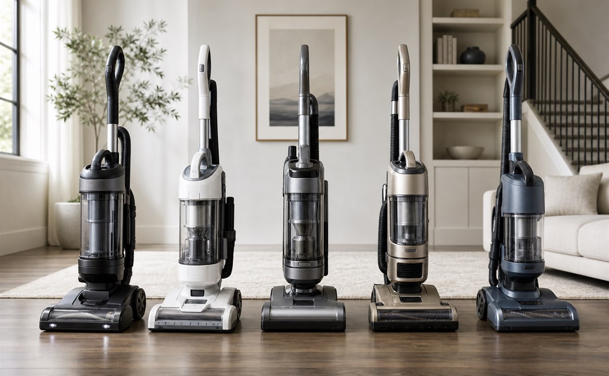 Lineup of five modern upright vacuum cleaners in a bright home