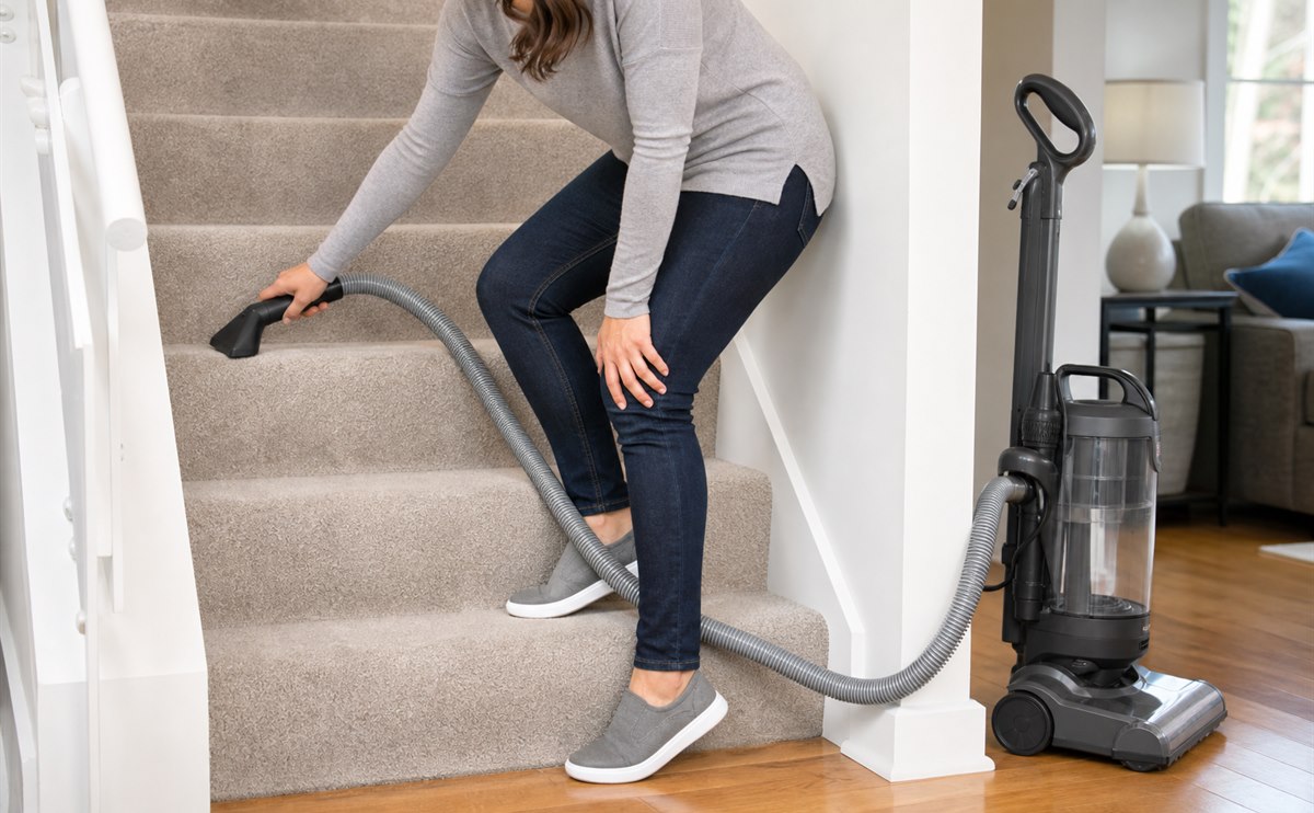 Person cleaning carpeted stairs with an upright vacuum hose tool